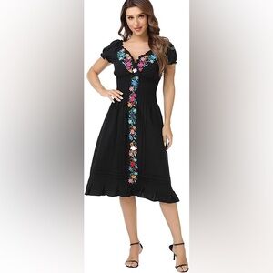 NEW Women Mexican Embroidered Casual Dress Summer Ruffle V Neck Small